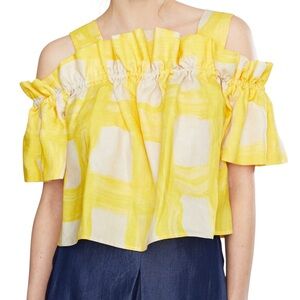 Whit Mariposa Yellow plaid Ruffle Off-Shoulder wide strap 100% linen top small